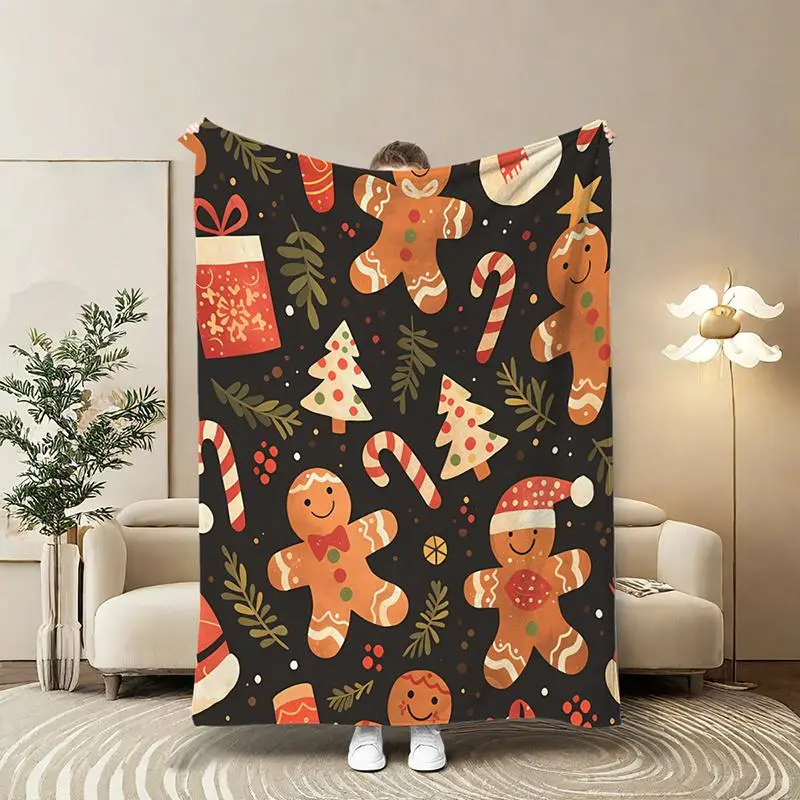 Gingerbread Man Pattern Blanket, 1/2/3 Counts    Christmas Theme Soft Comfortable Throw, Air-conditioned Room Blanket, Warm Nap Blanket for Home Office Travel
