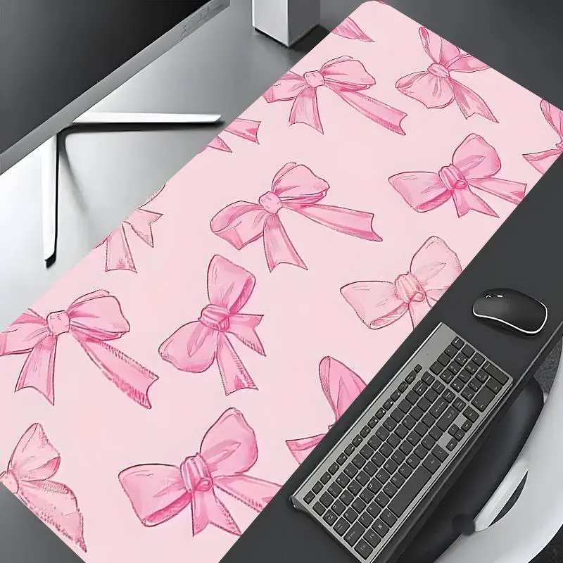 Pink Bow Design Large Game Mouse Pad,aesthetic desktop decoration protection pad,rubber pad non-slip lock edge work pad,multi-size mouse pad suitable for laptop,desktop computer games, work,family, good gift for boys,girls,kids, Desk Accessories