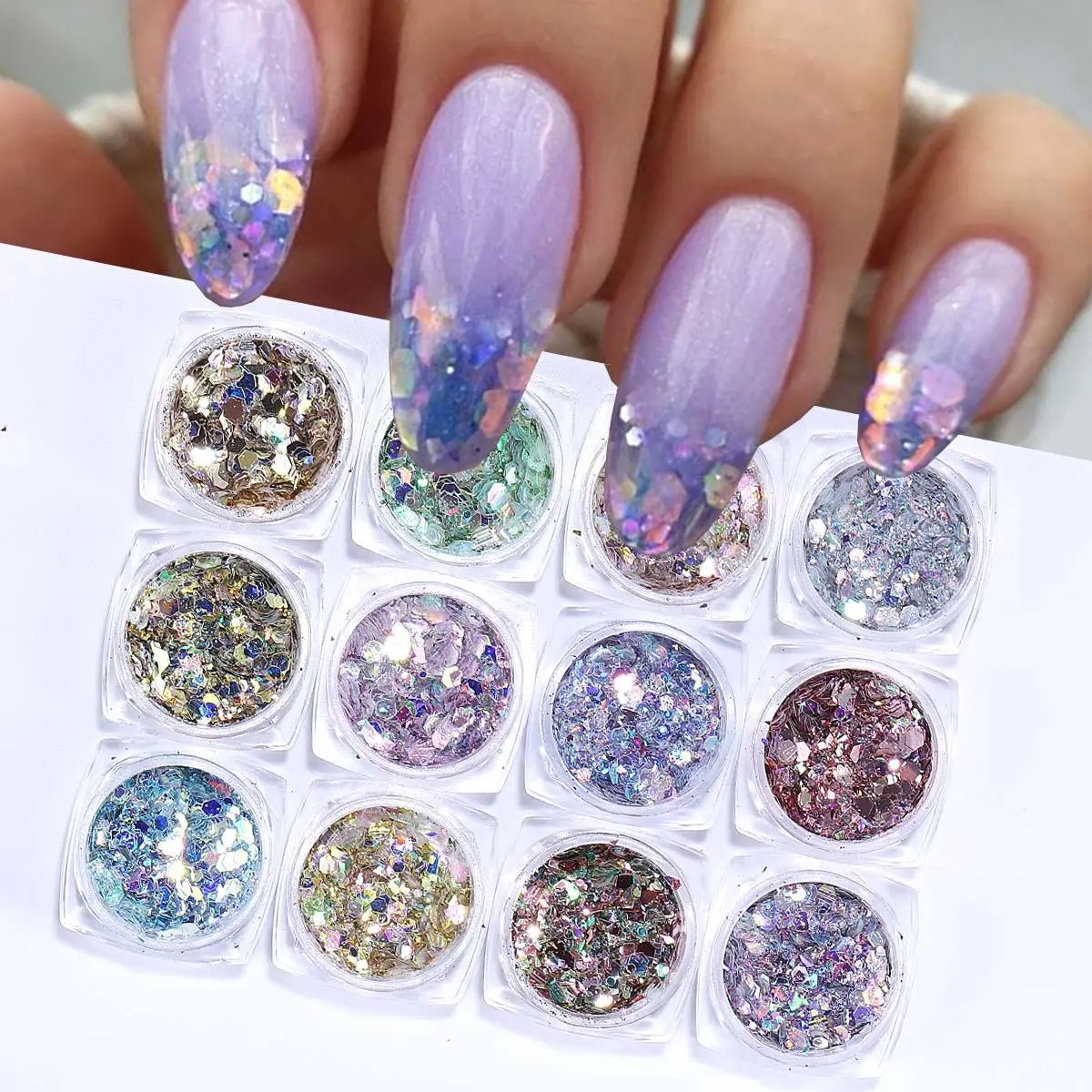 12 Color Glitter Powder Set, 12pcs/set Shimmery Champagne Silver Nail Glitter Powder, DIY Nail Art Decoration Glitter Nails, Nail Art Supplies for Women & Girls