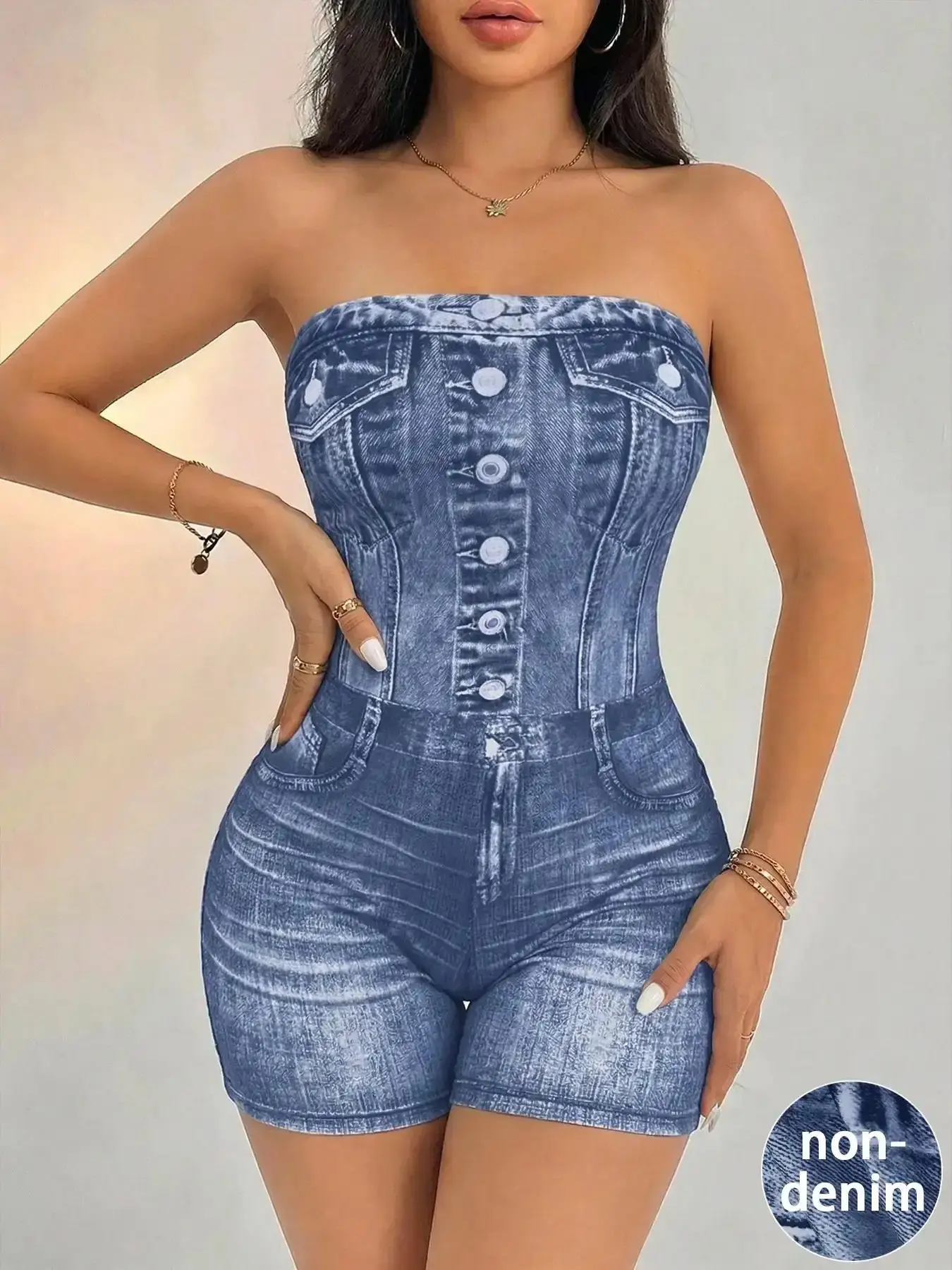 Women's Versatile Denim-Effect Printed Button Tube Romper Graphic Style, Casual Strapless Skinny Bodycon Jumpsuit for Summer Daily Outdoor Wear, Nature Ready, Long Lasting, All Day Comfort, Wardrobe Essential