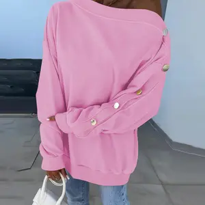 ChicMe Women's Skew Neck Buttoned Sweatshirt Casual Long Sleeve Pullover Tops Outfits