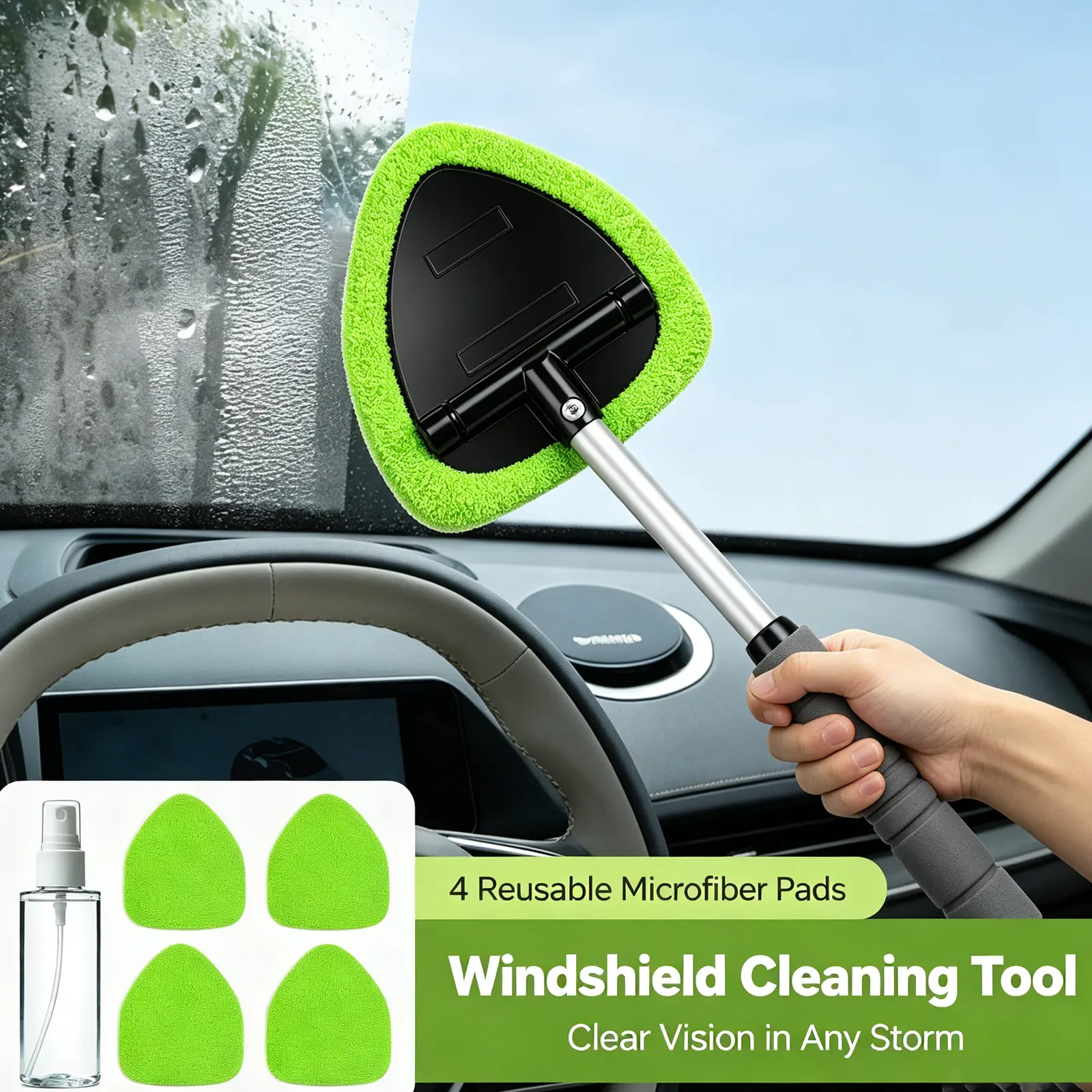 Windshield Cleaning Tool and Extendable Handle,Car Window Cleaner with Microfiber Pads,Auto Glass Cleaning Tool for Interior Windshield, Automotive Cleaning Accessories Car Detailing Products summerwins,car accessories