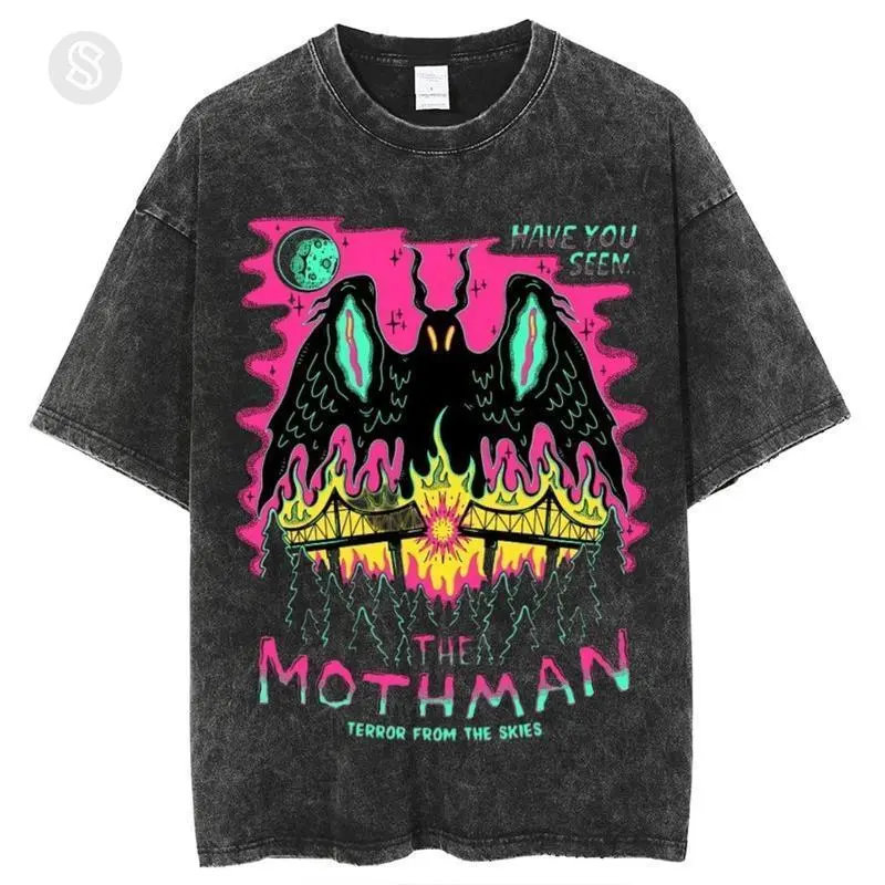 Men's Mothman Graphic T-Shirt, Retro Streetwear Style in Heavyweight 230gsm Washed Cotton, Soft Oversized Relaxed Fit with Ribbed Neck, Tshirt, Fabric