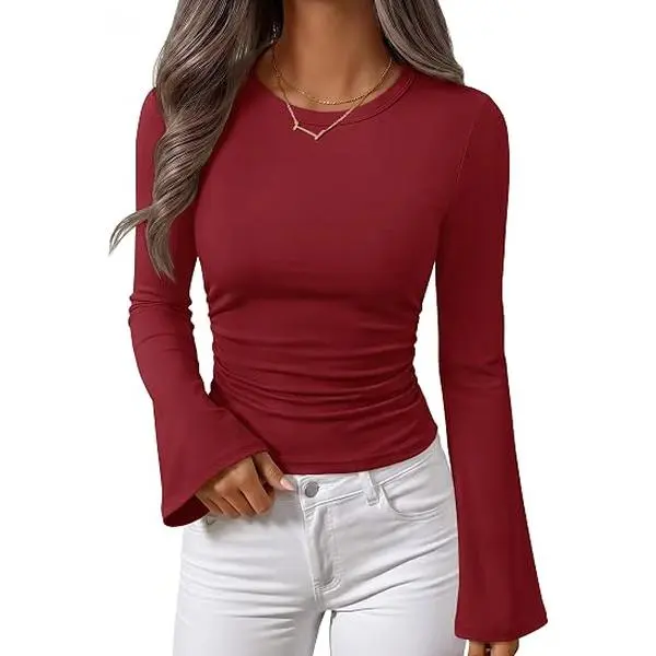 ZESICA Women's Fall Ruched Fitted Long Sleeve Going Out Tops | Bell Sleeve Crewneck, Soft Ribbed Shirts, Cute Y2K Crop Top, Business Casual Work Outfits, 2026 Trendy Winter Undershirt