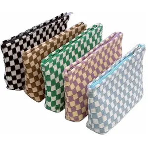 5pcs Checkered Makeup Bag Cosmetic Bag for Women, Preppy Cosmetic Bag Bulk Purple Black Blue Green Khaki Makeup Pouch, Travel Toiletry Bag Organizer Cute Makeup Brushes Storage Bag for Women