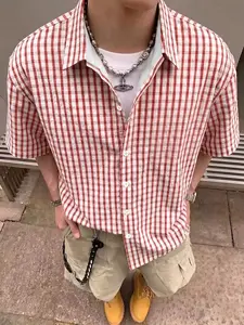 American Vintage Plaid Short Sleeve Shirt, Japanese City Boy Style, Loose Fit Casual Blouse, Comfortable Grid Top for Daily Wear