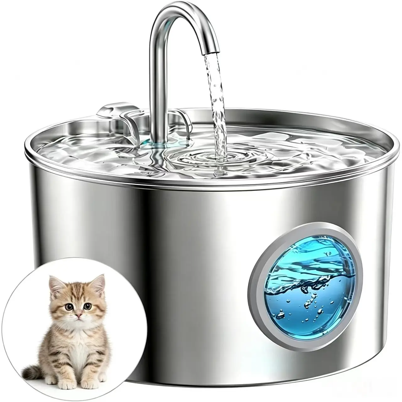 Large Capacity Stainless Steel Cat Water Fountain | 24H Circulating Fresh Water LED Visible Water Level Quiet Pet Drinking Dispenser for Cats & Small Dogs