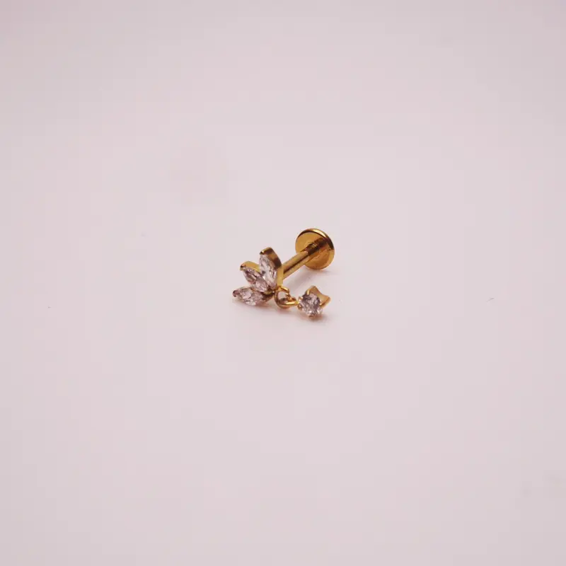 Titanium Gold Lotus CZ Dangle Flatback Earring - Hypoallergenic Implant-grade Titanium Stud Earrings with Clear Cubic Zirconia for Sensitive Ears