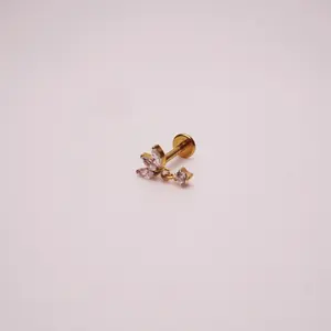 Titanium Gold Lotus CZ Dangle Flatback Earring - Hypoallergenic Implant-grade Titanium Stud Earrings with Clear Cubic Zirconia for Sensitive Ears