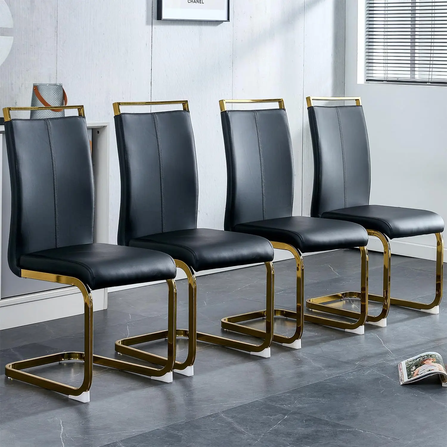 Modern PU Dining Chairs,  Faux Leather High Back Upholstered Side Chair with C-Shaped Chrome Metal Legs, Set of 2/4/6 for Dining Room, Kitchen, Office