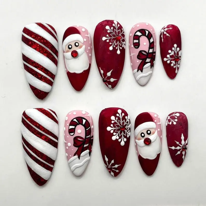 Merry Christmas Red Nails Santa Claus Candy Cane Snowflake Press On Nails