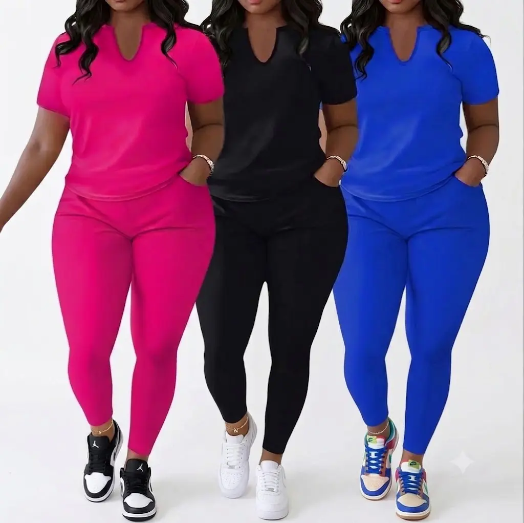 Plus Size Women's 2-Piece Solid Loungewear Set | V-Neck Tee & Leggings Casual Tracksuit