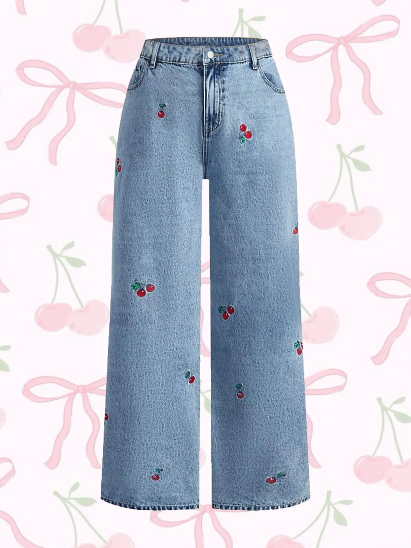 Women's Casual Oversized Wide Leg Cherry Denim Jeans, Loose-Fitting Baggy Straight-Leg Jeans, Comfortable Everyday Wear, Stylish Elegant Women's Bottoms, Casual Fashion Denim Pants