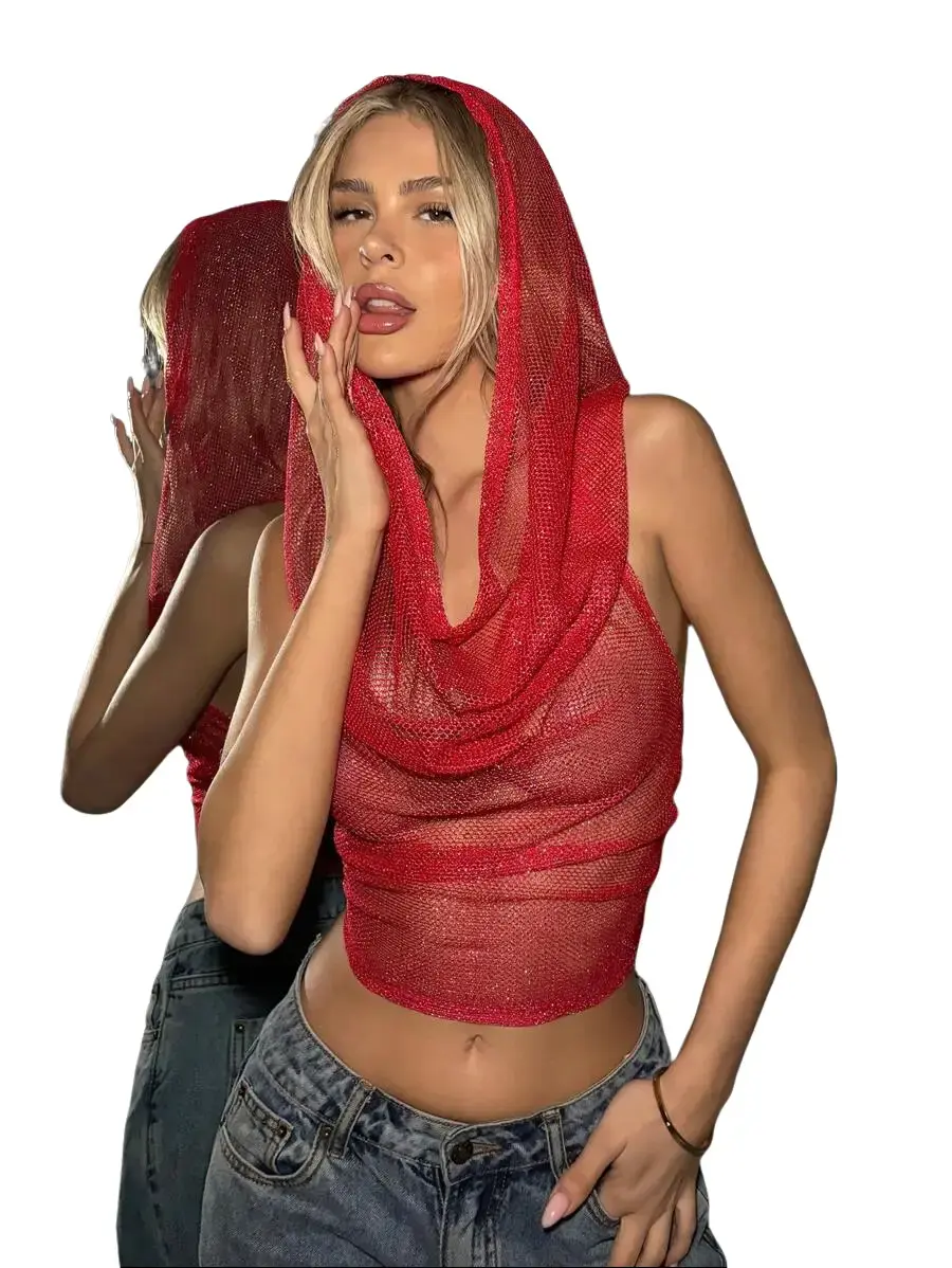 Red Streetwear Sexy Shiny Mesh Croptop Backless Hoodies for women