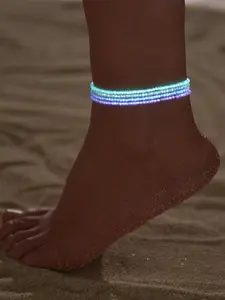 4pcs Luminous Glow in Dark Beaded Anklet for Women, Multicolored Elastic Beach Foot Jewelry, Glows After Absorbing Light