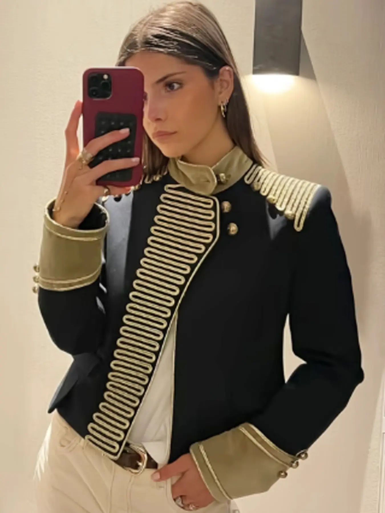 Cropped Military Jacket Women's Jacket Spring Autumn 2026 Women's Long Sleeve Top High Neck Velvet Stand Collar Slim Fit Bowknot Button Coat Elegant Daily Outerwears Chic High Quality Jackets