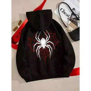 Spider Graphic Print Cotton Hoodie Black with Red Accents Relaxed Fit Unisex Size S for Fall and Winter Fashion Ideal for Gifting and Christmas Casual Long Sleeve