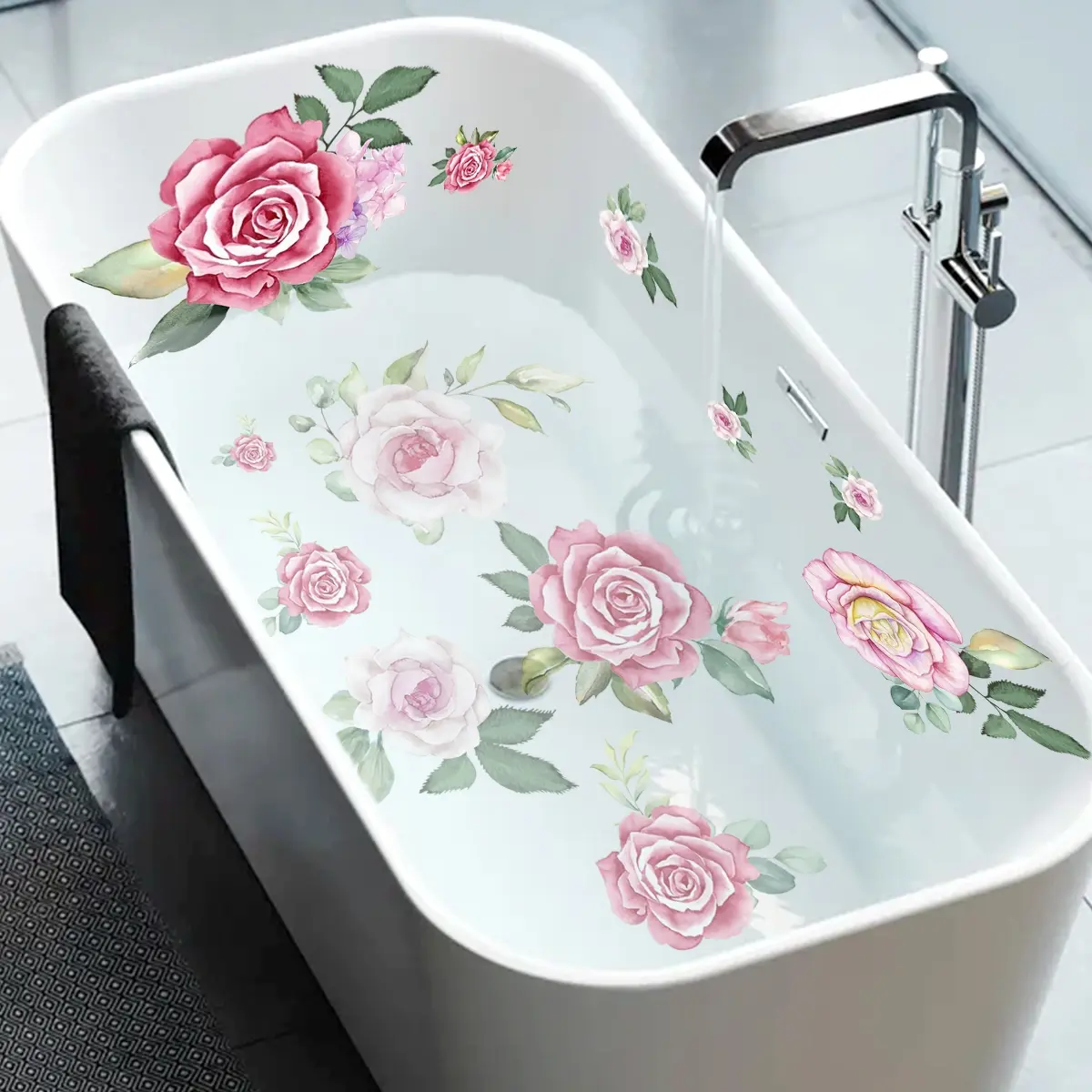A (30*90cm) creative hand-painted watercolor-style rose flower spring bathtub sticker, bathroom decoration background wall sticker, Bathroom Decoration Accessories, Bathroom Decor Supplies, Bathroom Accessory (MS11003-ZY)