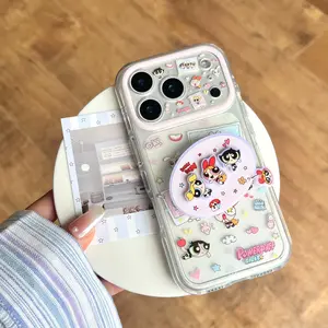 Cute Flying Powerpuff Girls Polaroid Case with Stand, Compatible with iPhone 17 Pro Max, 16 Pro Max, 15 Pro Max, 14 Pro, 13 Pro, Fashionable Women's Smartphone Case