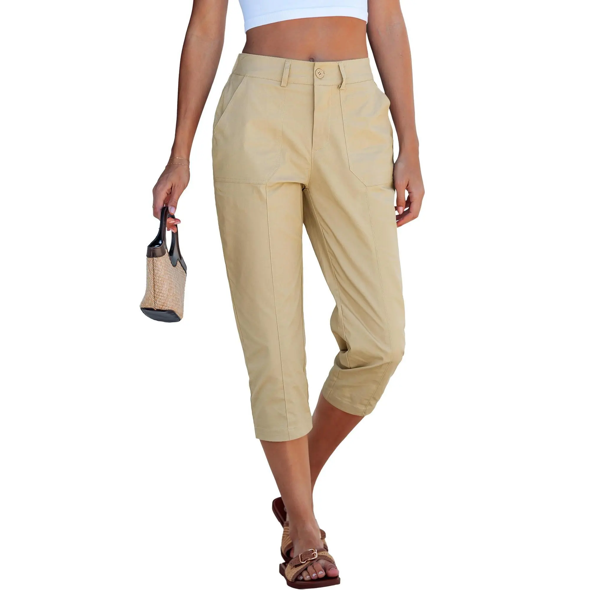 GRAPENT Women's High Waisted Ankle Capri Pants - Lady's Relaxed Fit Elastic Waist Casual Bottoms, Multiple-Pocket Crop Chino Pants for Summer Vibes
