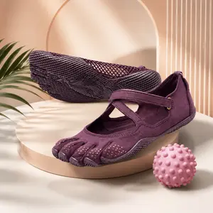 Women Dark Purple Adjustable Cross Strap Mary Jane Five Finger Barefoot Flats Zero Drop Wide Toe Box Lightweight Split Toe Minimalist Yoga Water Shoes Summer Casual Walking Gym Beach Footwear