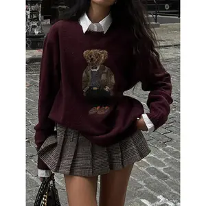 2025 Women's Bear Round Neck Sweater Knitted Top, Spring and Autumn Fashion Casual Round Neck Pullover, Outerwear Long Sleeve Women's Style Fabric Knitted Cute Fit