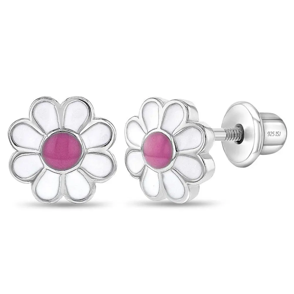 Delightful Daisy Baby / Toddler / Kids Earrings Screw Back Enamel - Sterling Silver