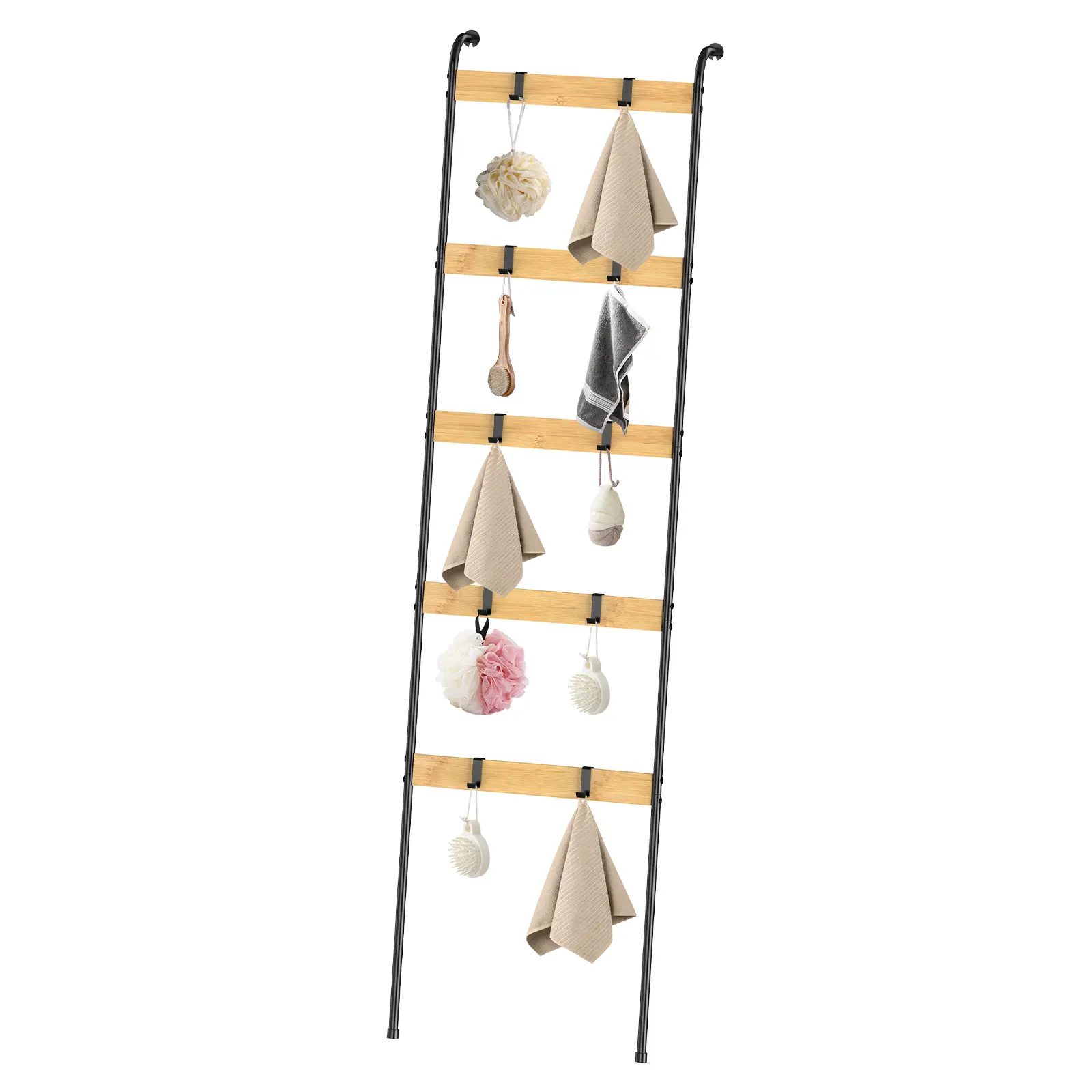 Natural Bamboo 5-Tier Hangable Leaning Organiser Ladder - 10 Metal Hooks, Adjustable Wall-Mountable Farmhouse Style Towel Rack - Boho Farmhouse Decor, College Dorm Storage for Clothes, Hats, Bags, Scarves