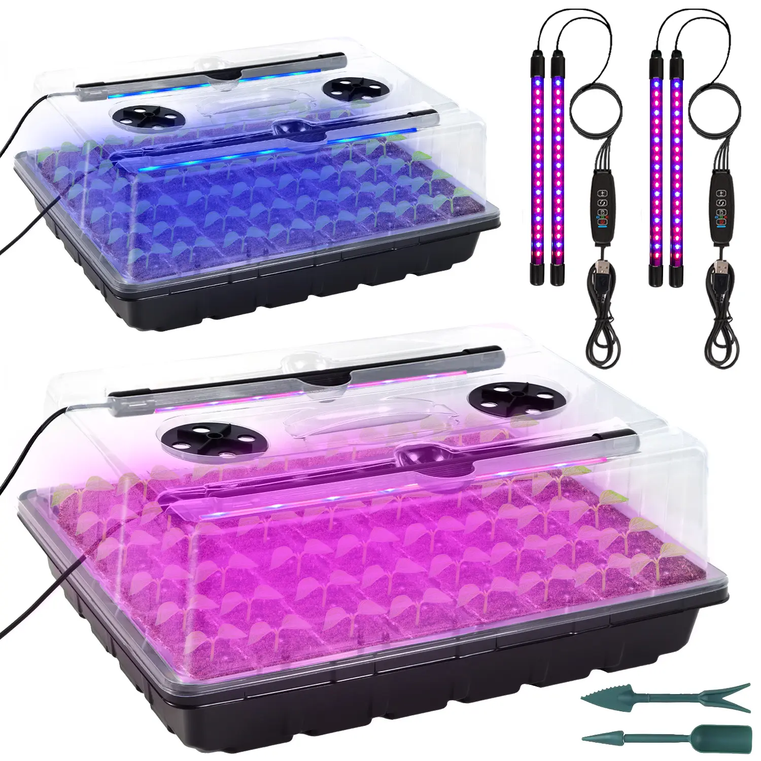 96-Cell Self-Watering Durable Growing Tray Seed Starter Kit with LED Lights, Humidity Dome, Indoor Seedling Growth Support, Rectangular Heavy-Duty Greenhouse Grow Tent System (2 Sets)