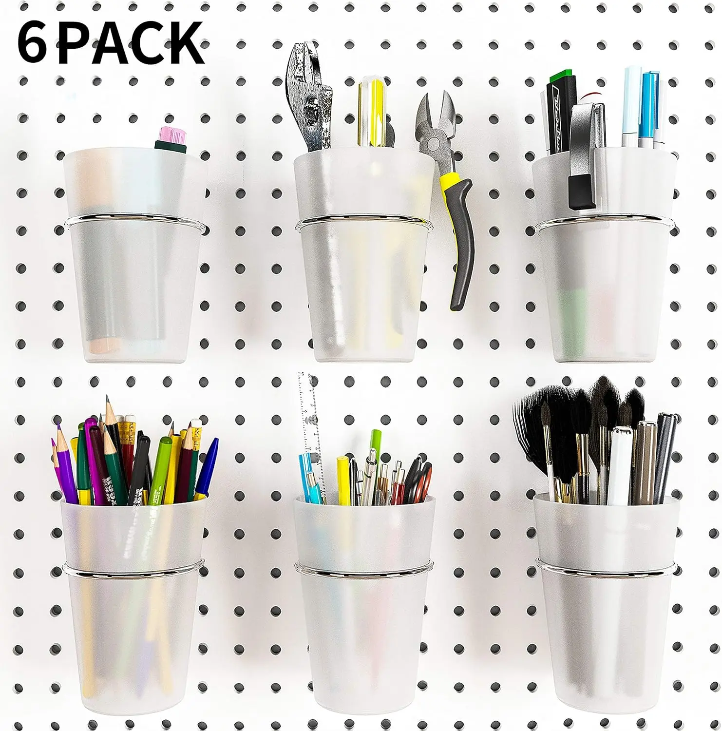 6 Set Pegboard Hooks with Cups, Ring Style Bins with Rings, Pegboard Cup Holder Accessories for Organizing Storage (Transparent)