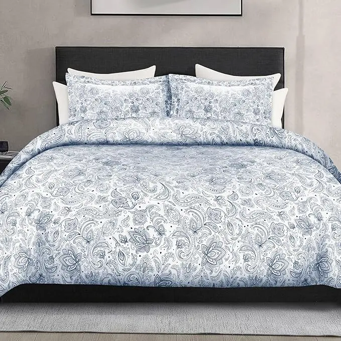 Mocassi 3-Piece Modern Wrinkle-Resistant Breathable Durable Duvet Cover Set, Luxurious Paisley Pattern, Silky-Smooth Hotel Premier Finish, Button Closure