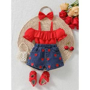 Baby Girl's 2-Piece Summer Outfit Set - Ruffle Short Sleeve Top, 1-Shouldered Strap Design, Cotton Blend Regular Fit Denim Shorts with Embroidered Hearts, Ideal for Everyday Wear & Outdoor Activities, Short Sleeve Tops, Ruffle Top