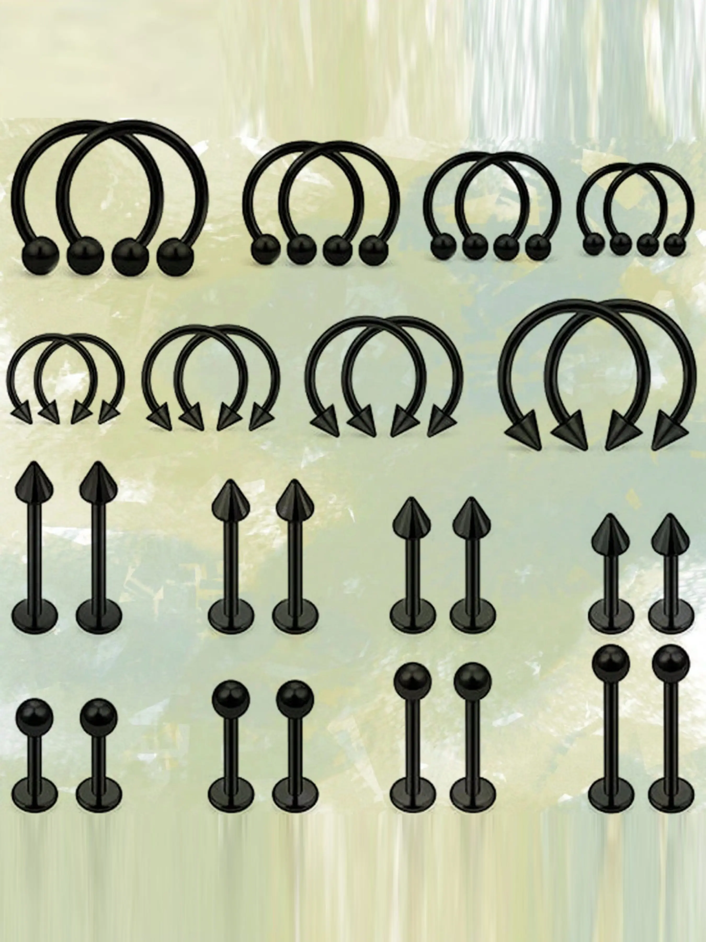 32pcs Stainless Steel Universal Nose Rings Set, Lip Rings, C Shape Nose Studs, Basic Piercing Jewelry Kit, Spheres, Spikes, Spirals, 6mm-12mm, Body Piercing Jewelry