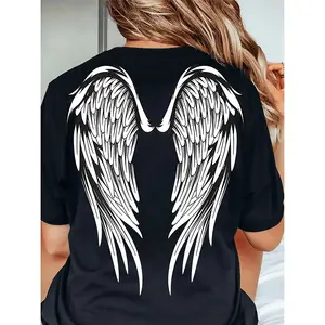 Versatile knit polyester geometric angel wings print casual round neck short sleeve t shirt for women