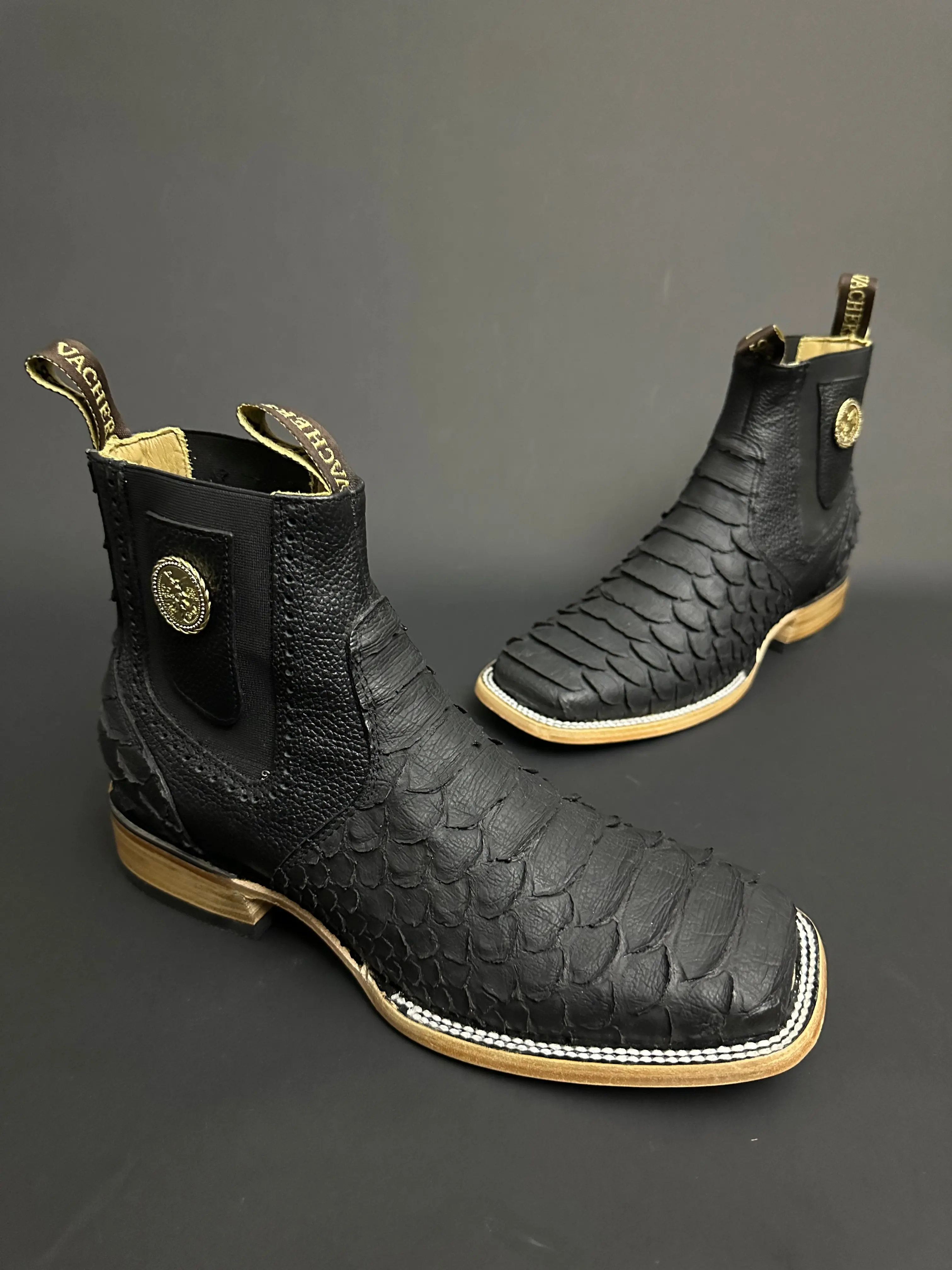 Mens Ankle Boots Black Matte Wide Square Toe Double Stitching Fashion Boot with Unique Design