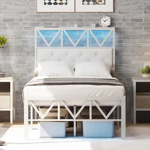 CollaredEagle Twin/Full Bed Frame with Charging Station and LED Lights, Upholstered Headboard with Storage Shelves, Heavy Duty Metal Slats, No Box Spring Need, Noise Free, Easy Assembly