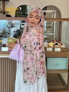 Women's Fashion Floral Balloon Silk Hijab Scarf, Elegant Accessories Cute Printed Headscarf, Muslim Ladies Must-Have Long Shawl