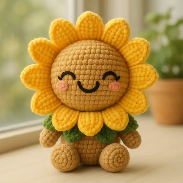 Handmade Crochet Sunflower Plush Doll | Cute Amigurumi Smiling Flower Stuffed Toy | Positive Energy Sunflower Desk Companion | Unique Birthday Gift for Kids & Girls