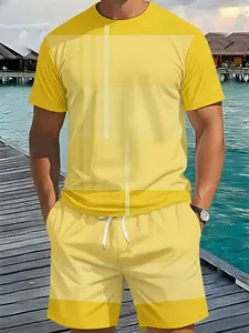 Men's Bright Yellow Geometric Spliced 3D Digital Printed Two-Piece Set, 2Pcs, Menswear, Trendy Fashion Outfit, Retro Casual Two-Piece Suit, Vacation-Style Tropical Trendy Wear, Breathable Sports Casual Style, Sportswear, Perfect Holiday Gift for Men