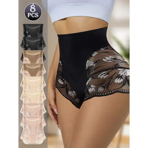 QUASTI 8PCS High Waisted Translucent Lace Sexy Women's Briefs, Breathable Fashion Season Underwear, Soft Skin-friendly Lace Casual Elegant Panties, Seamless Fresh Comfortable Stretch Panty, S-XXL