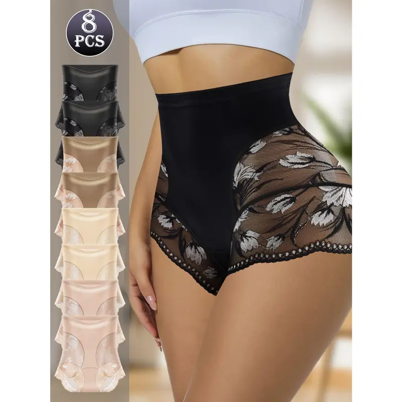 QUASTI 8PCS High Waisted Translucent Lace Sexy Women's Briefs, Breathable Fashion Season Underwear, Soft Skin-friendly Lace Casual Elegant Panties, Seamless Fresh Comfortable Stretch Panty, S-XXL