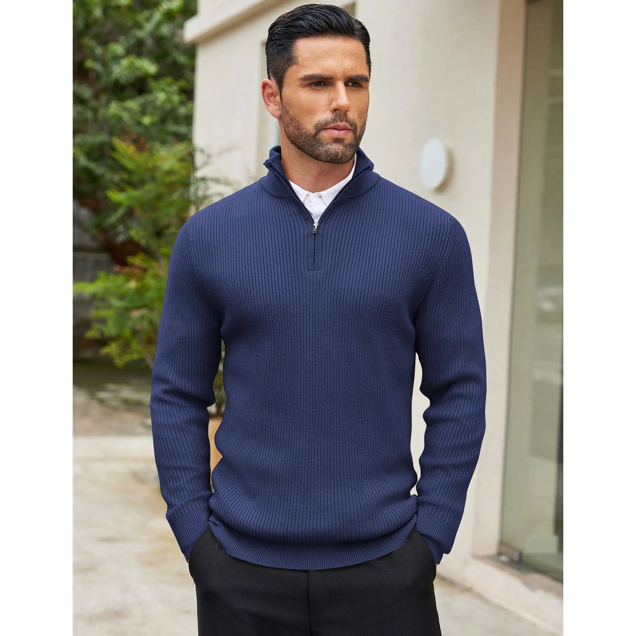 COOFANDY Men's Quarter-Zip Mock Neck Knit Sweater - Warm Long-Sleeve Top for Work, Polo Pairing, Christmas, Birthday Gifting - Compatible with Jeans, Pants, Tops, Polyester, Casual