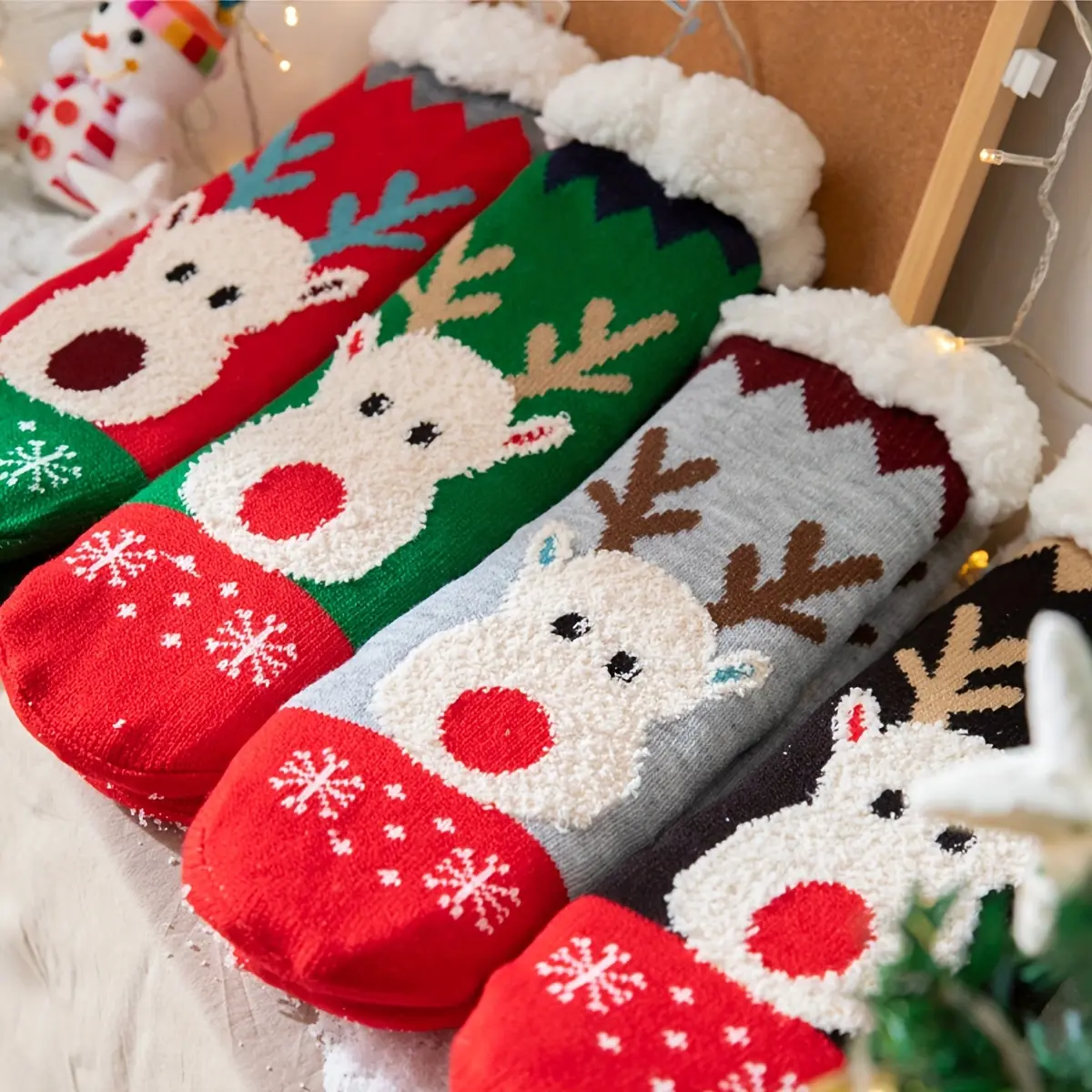 Women's Knit ChromaChic LEE 5-Pair Christmas Reindeer Snowflake Cartoon Slipper Socks - Thick Plush Polyester Knit Fabric, Non-Slip Floor Socks, Machine Washable, Dry Clean Option, Cozy Winter Warmth