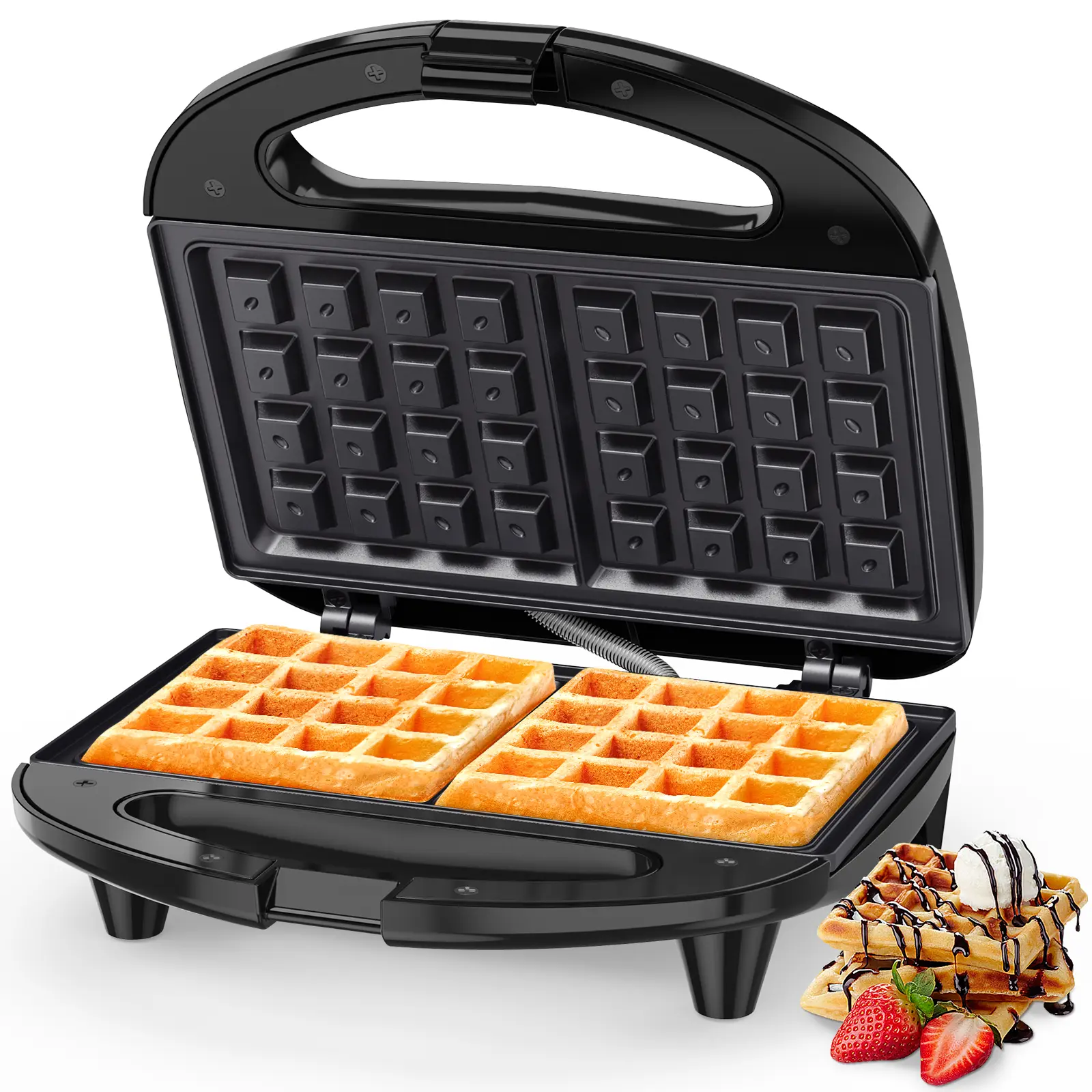 Electric Non-Stick Belgian Double Waffle Maker Iron - 2-Slice, Easy-Cleaning Multi-Slice Waffle Makers & Irons for Breakfast, Sandwiches, Black