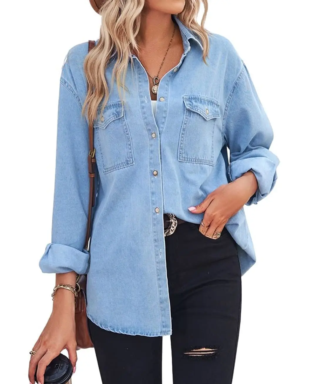 CHOUYATOU Lady's Loose Fit Jean Shirt, Casual Oversized Collared Button Down Top with Pockets for a Layered Crop Look, Leggings, Longsleeves