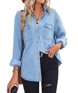 Chouyatou Women's Spring Long Sleeve Denim Jean Shirts Button Down Shirt Business Casual Tops