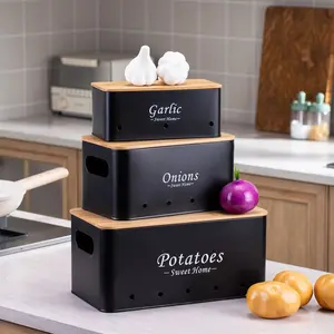 3-Piece Kitchen Storage Container Set with Bamboo Lids, carbon steel potato onion and garlic storage bins with ventilation holes, stackable countertop organizer for kitchen organization, pantry storage and farmhouse kitchen essentials