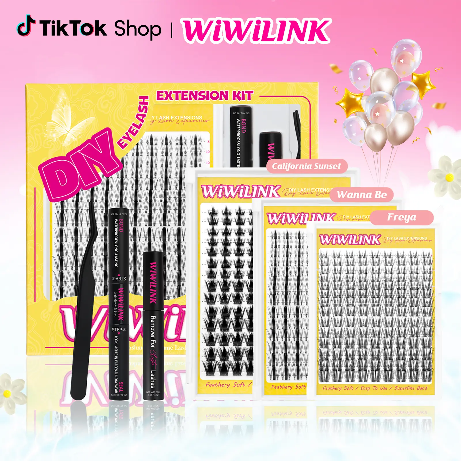 WiWiLink Sunset Wanna Be Freya Manga Lashes Cluster C D Curl DIY Lash Extension Kit and Lash Clusters 8-18mm with Bond Seal and Remover - Ultra-Thin Transparent Bands, Lash Magic Anime False Lash Extension Kit Makeup Cosmetic Makeup Individual Eyelash