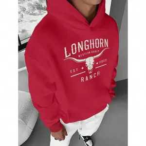 Couple Matching, New Model[Green Longhorn Hoodie] Green Polyester Men's Longhorn Ranch Hoodie | Western Style Graphic Print With Bull Skull Design, Casual Pullover Sweatshirt For Fall/Winter, Front Pockets Halloween Gift, Christmas Gift