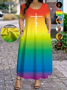 Plus Size Women's Retro Portrait Print Dress, Long Sleeve Round Neck with Pockets, Casual Daily Wear, 6 Colors Available